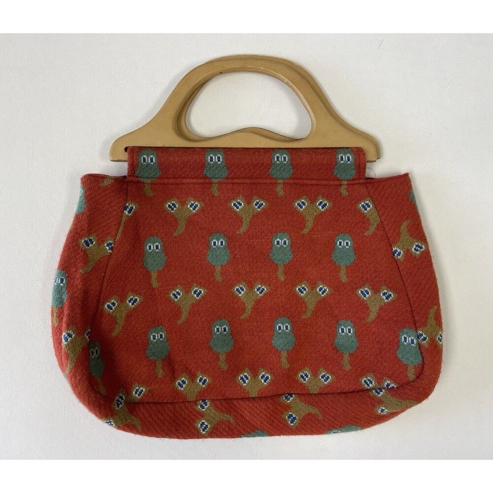 Ne-Net Orange Fair Isle Motif Knit Hobo Wooden Handle Tote Handbag Purse